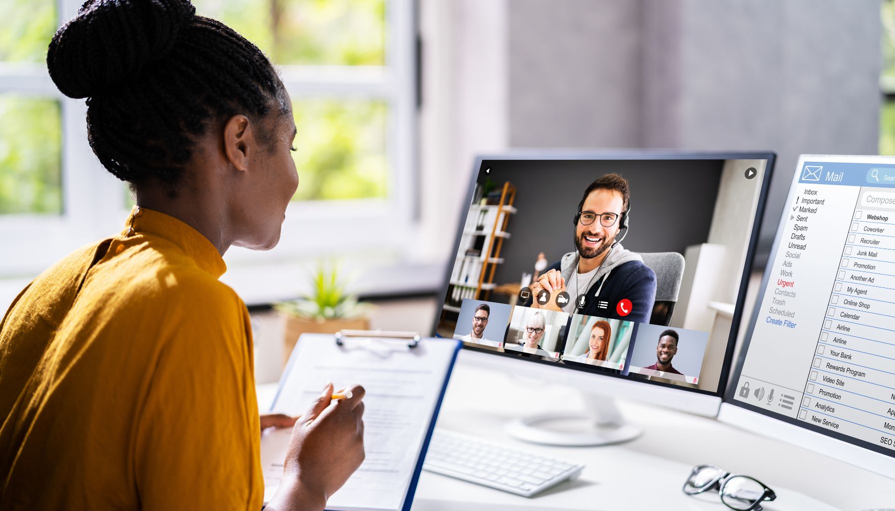 woman using dual monitor computer on video call with team