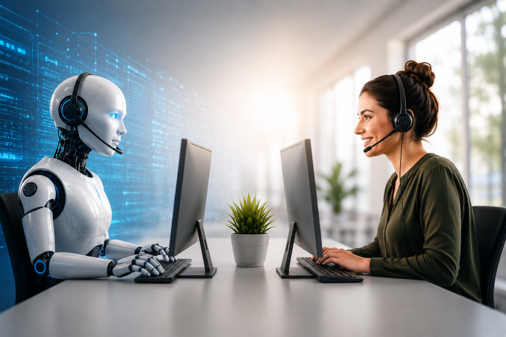 AI robot and human customer service representative working side by side