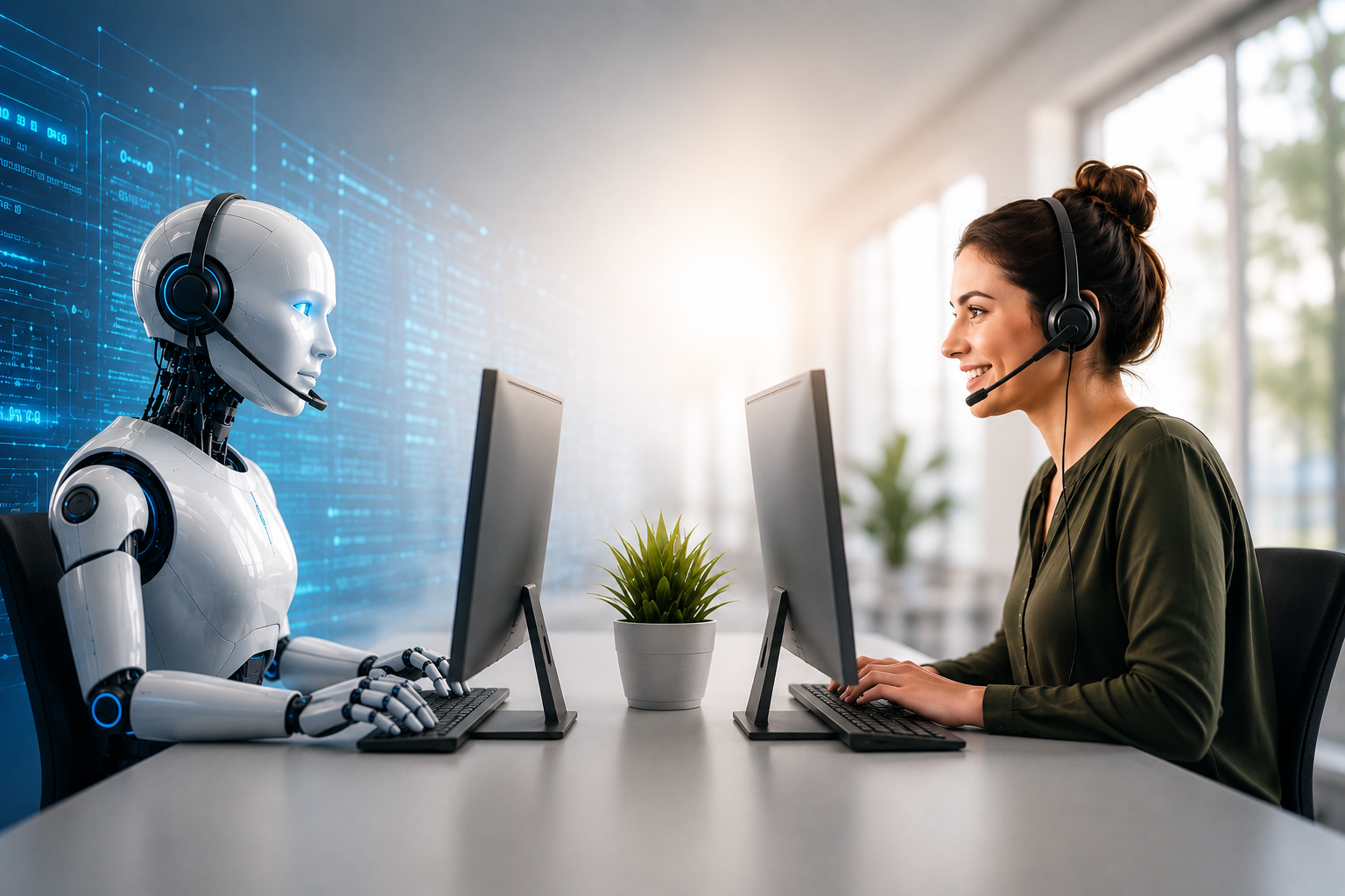 AI robot and human customer service representative working side by side