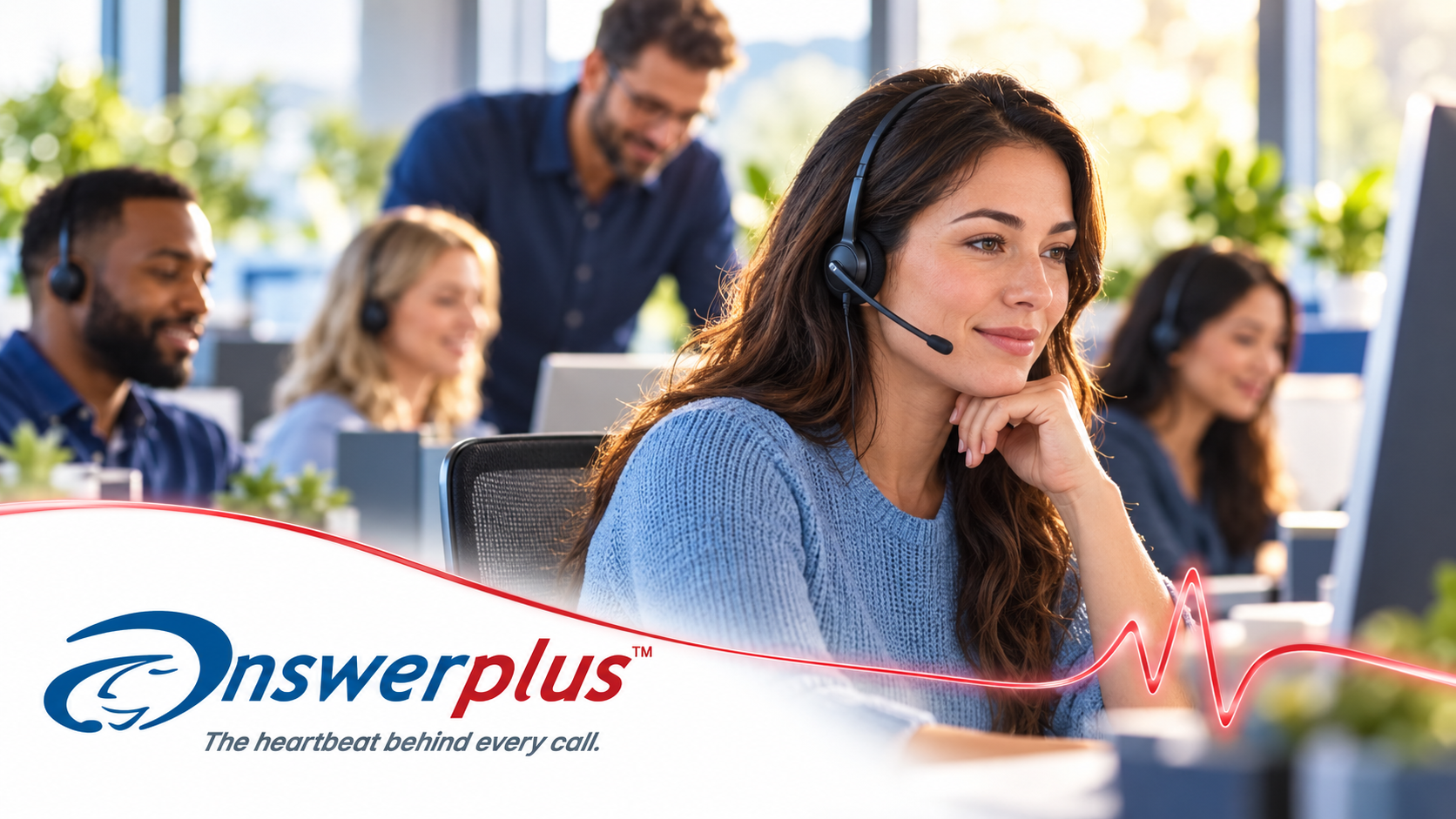 Illustration of customer service representatives wearing headsets, with the AnswerPlus logo and a red heartbeat line.